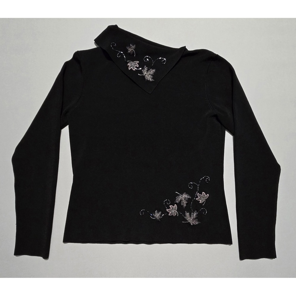 Studio I Sweater Top Women Size 6 Black Beaded Floral Long Sleeve Knit Polyester